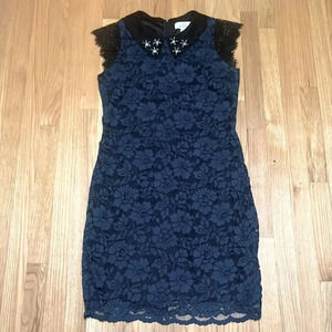 Navy Lace Sheath Dress with Embellished Collar